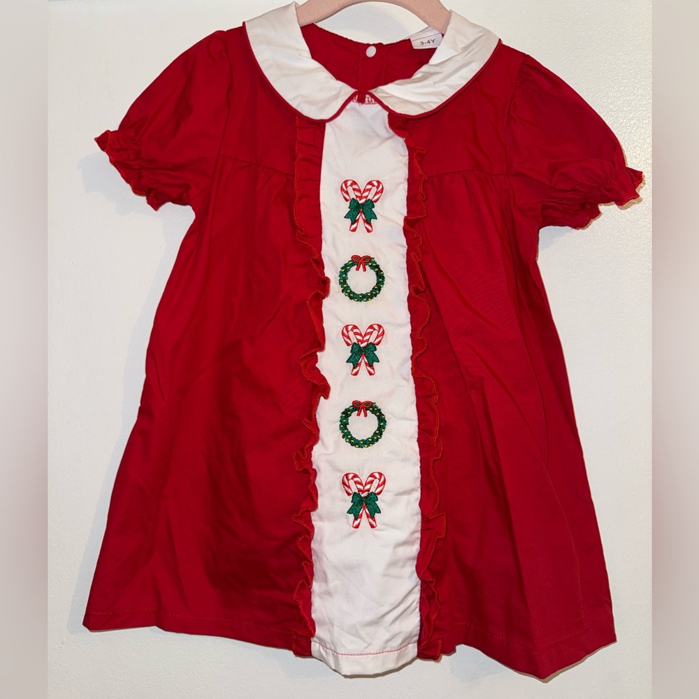 Red Holiday Dress with Embroidered Candy Canes